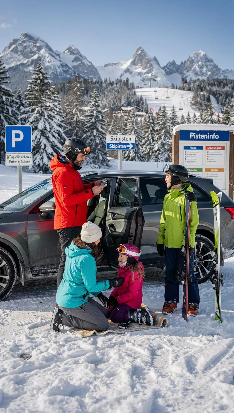Ein Auto, das an einem gut organisierten Parkplatz hält, umgeben von Wegweisern zu Sehenswürdigkeiten und Rastplätzen.